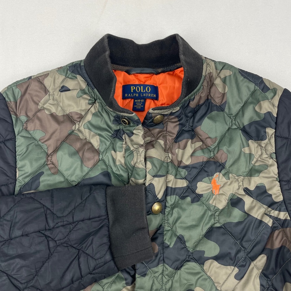 Polo Ralph Lauren Kids Camo Quilted Bomber Jacket Medium 10-12 Green Navy Blue